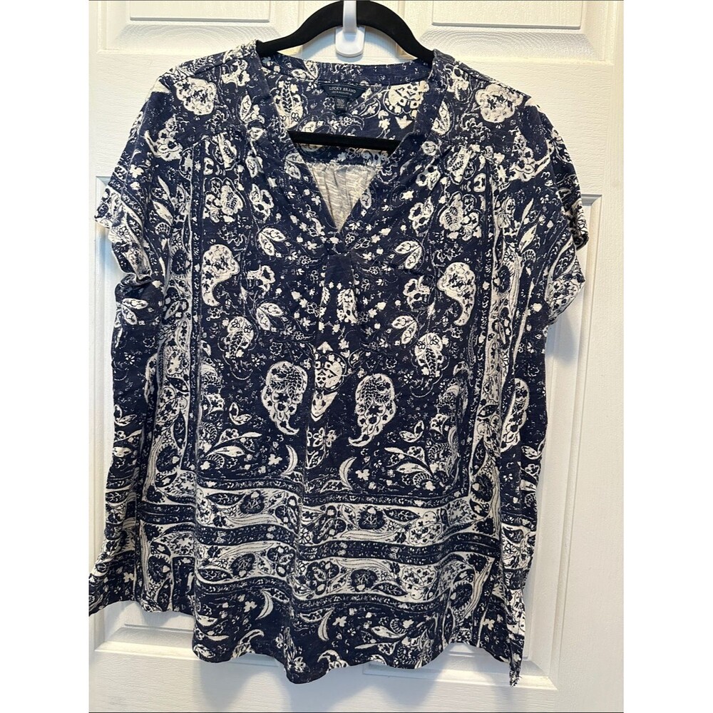 Lucky Brand Navy and White Paisley Split-Neck Short Sleeve Top